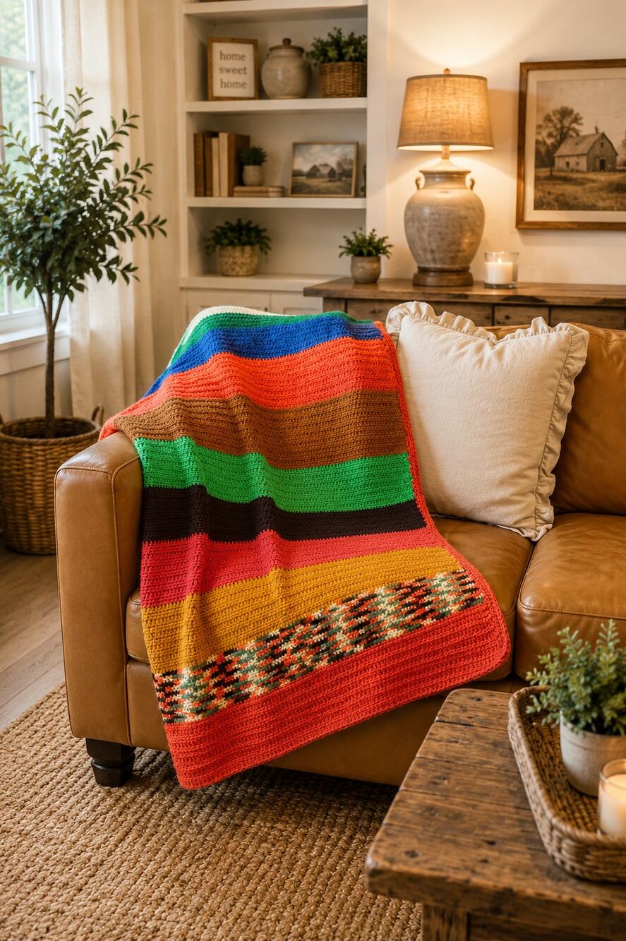 Vintage Handmade Crochet Throw Blanket | Reversible Boho Afghan 49" x 49"